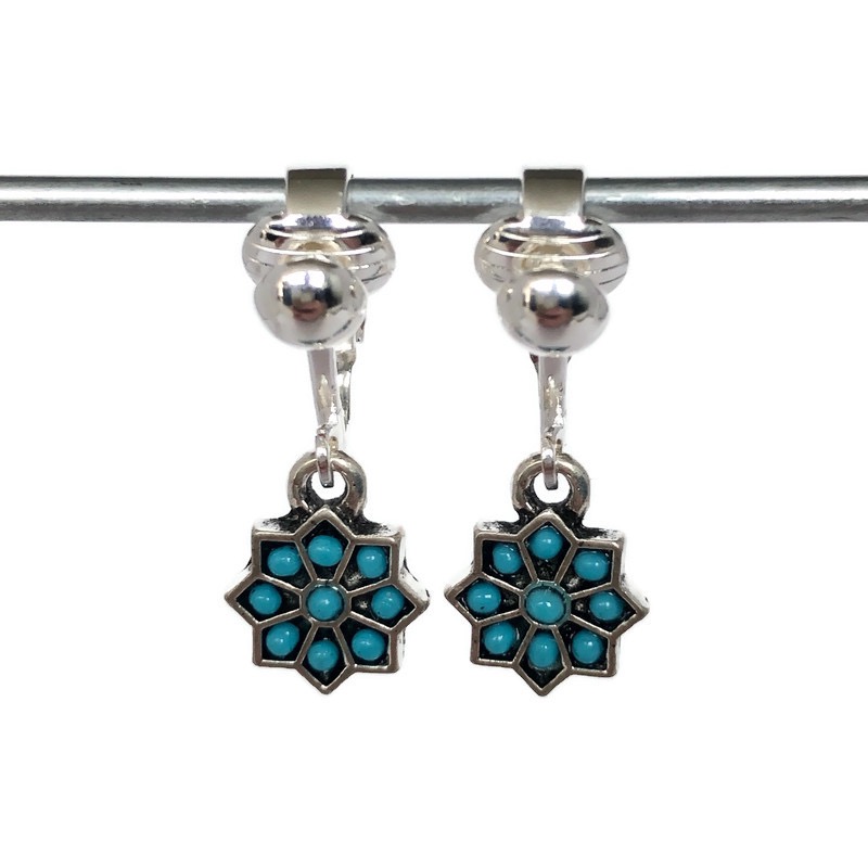 Clipoorbellen boho-chic, minibloem turquoise, hangoorbellen
